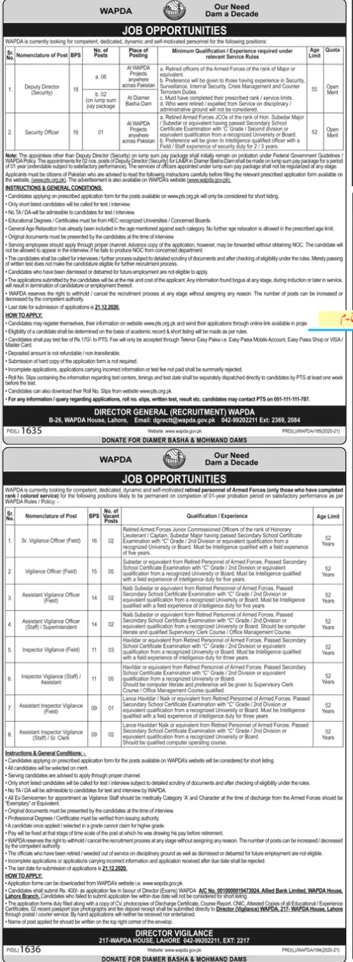 Jobs Water & Power Development Authority WAPDA Pakistan – Water and Power Development Authority Jobs 2020 — original advertisement