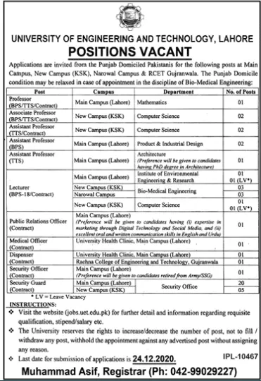 Jobs University of Engineering and Technology UET Lahore – University of Engineering  & Technology Lahore Jobs 2020 — original advertisement