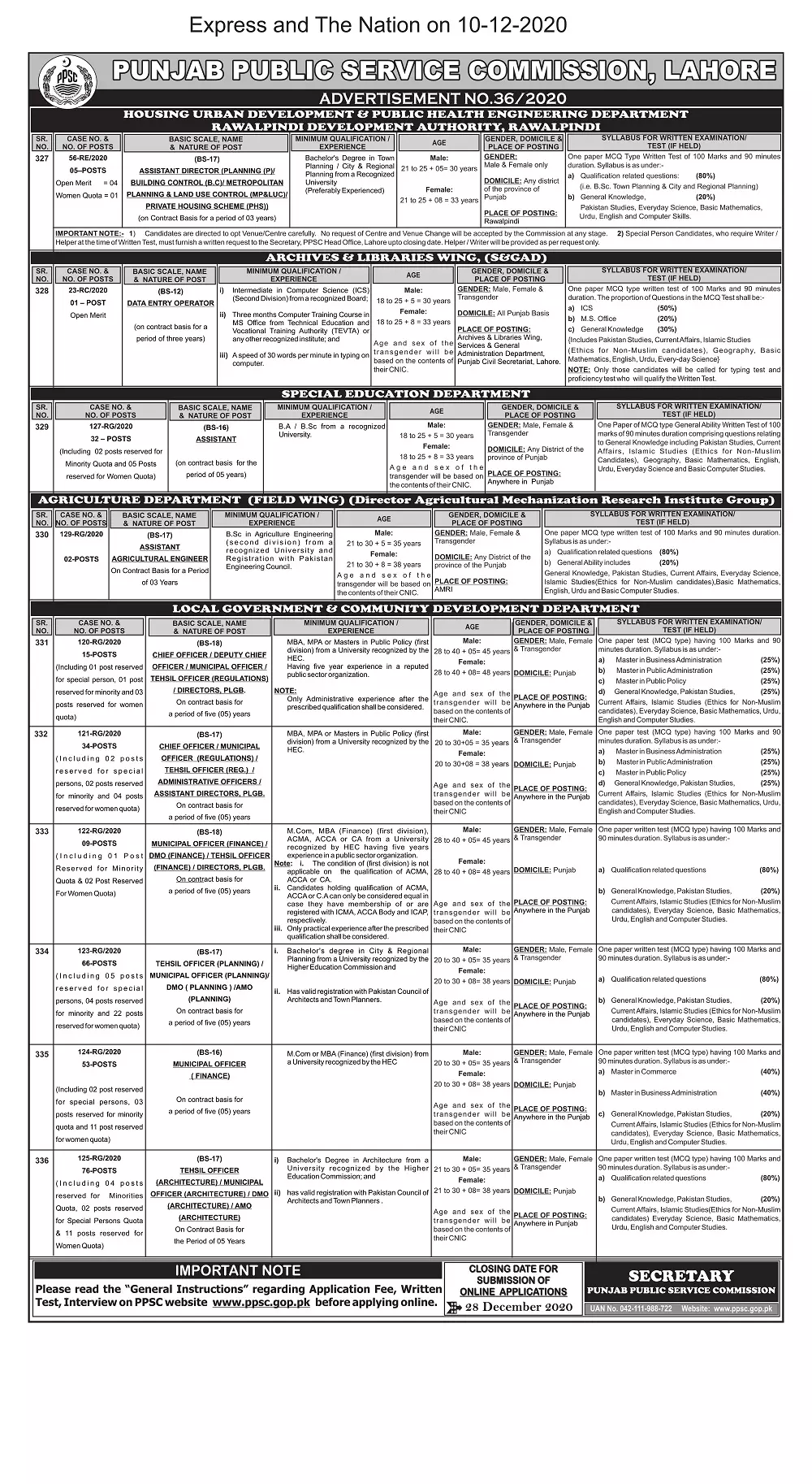 Jobs in Punjab Public Service Commission Lahore Jobs 2020 — original advertisement