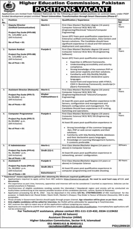 Jobs Higher Education Commission HEC Islamabad – Higher Education Commission Islamabad Jobs 2020 — original advertisement