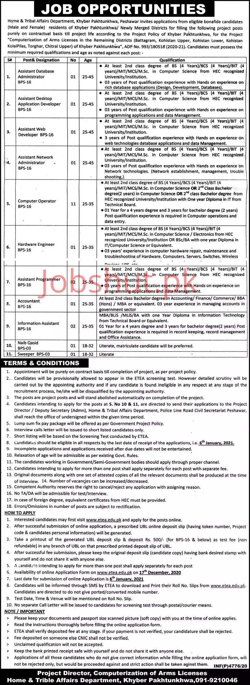 Jobs Home & Tribal Affairs Department Khyber Pakhtunkhwa – Home  & Tribal Affairs Department KPK Jobs 2020 — original advertisement