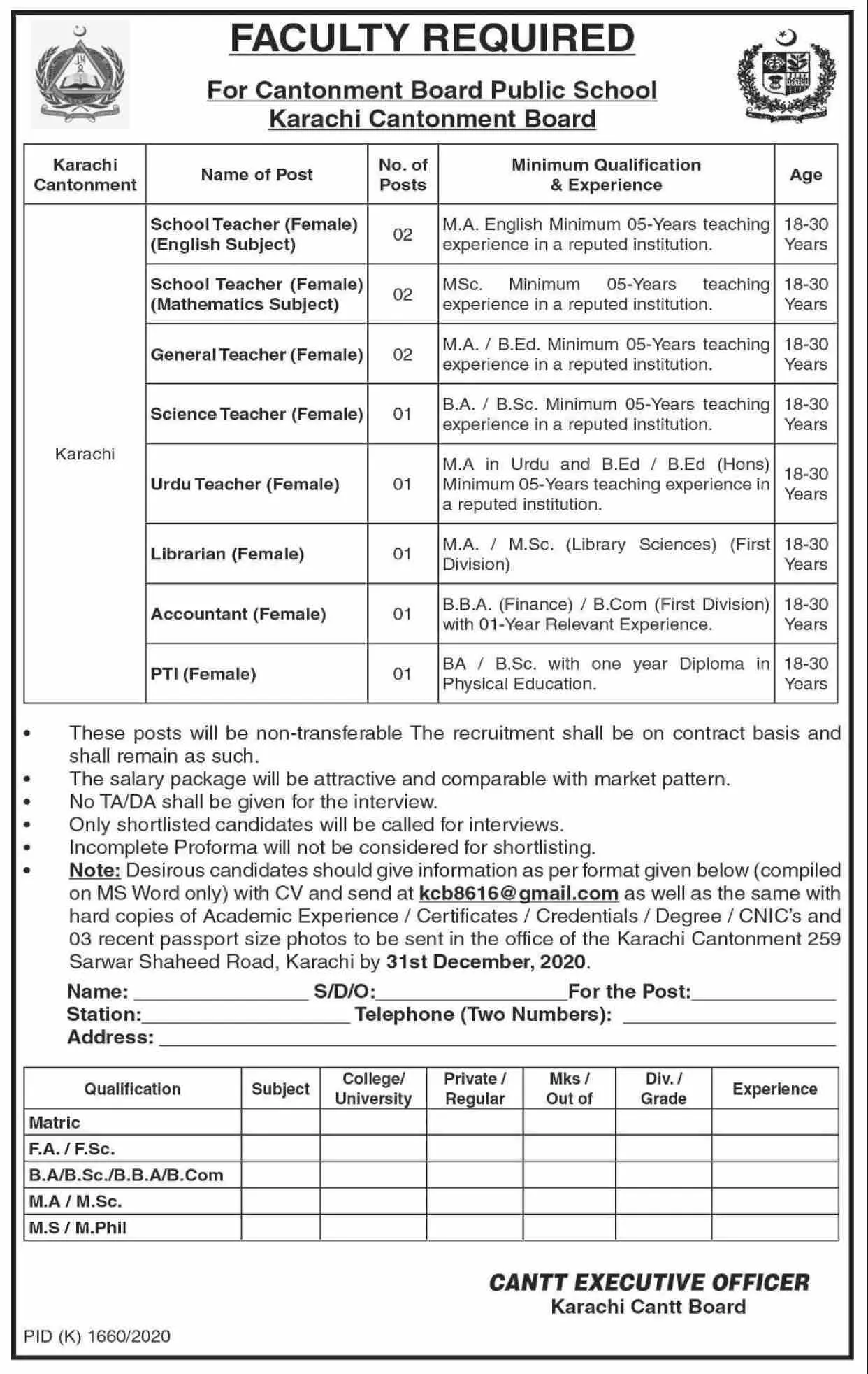 Jobs Cant Cantonment Board Public School Karachi Jobs 2020 — original advertisement