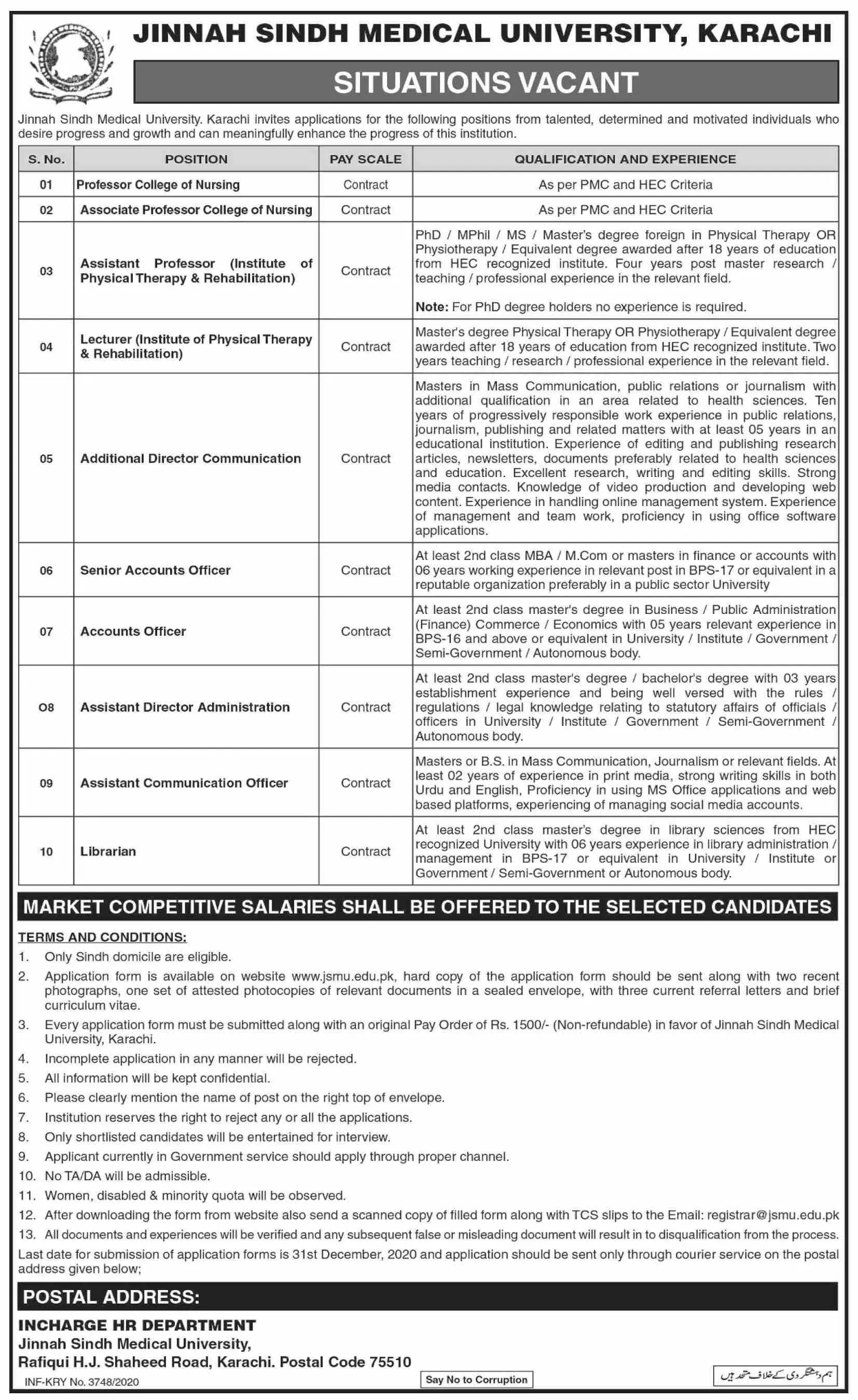 Jobs Jinnah Sindh Medical University Karachi Jobs 2020 — original advertisement
