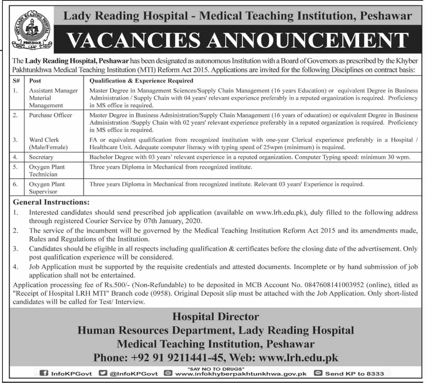 Jobs Lady Reading Hospital Peshawar Jobs 2020 — original advertisement