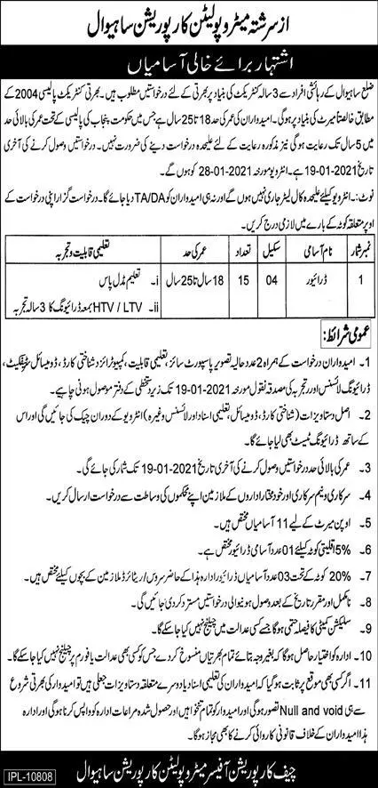 Jobs Metropolitan Corporation Sahiwal – Local Government Department Punjab Jobs 2020 — original advertisement