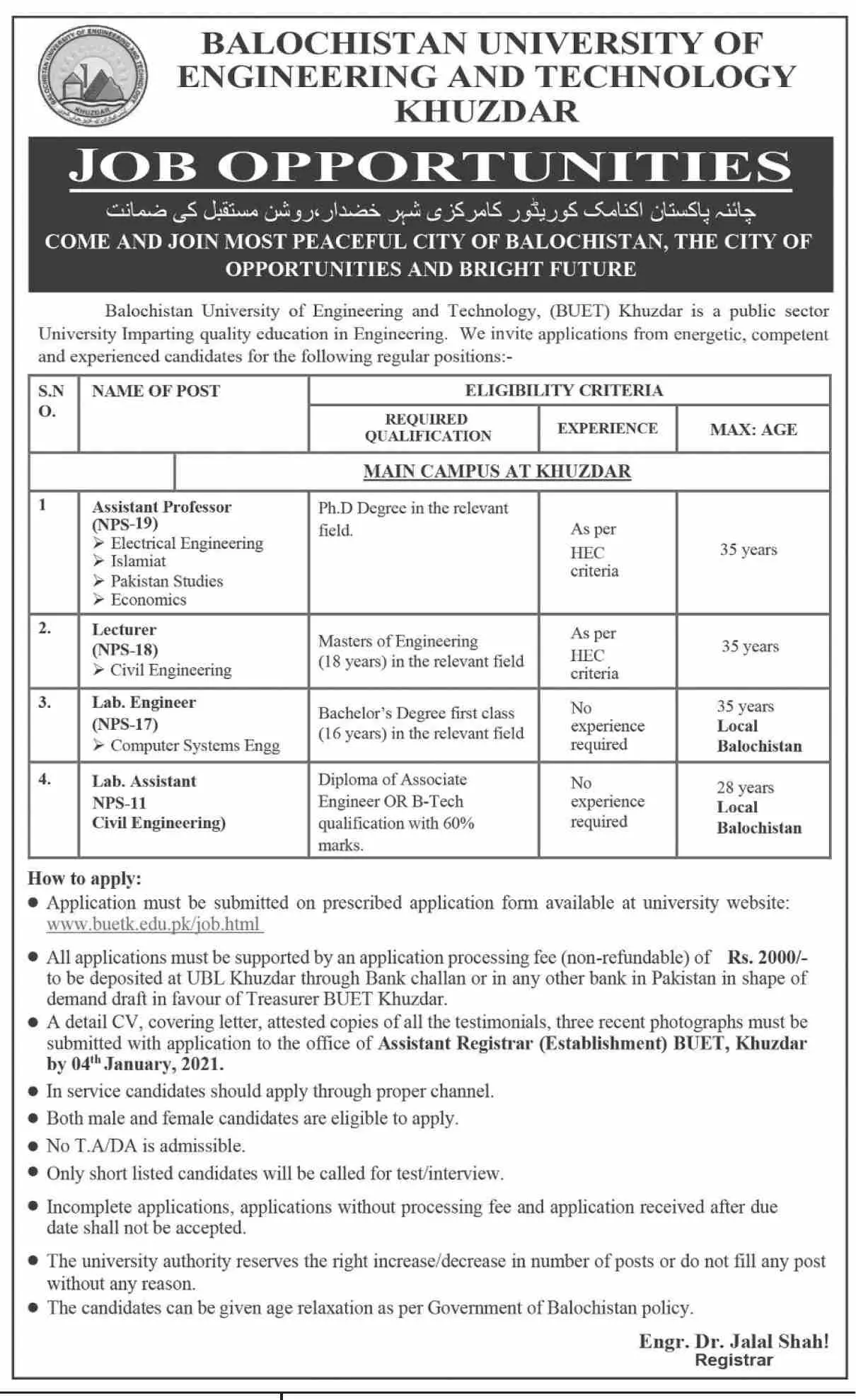 Jobs Balochistan University Of Information And Technology – Balochistan University of Engineering and Technology BUETK Khuzdar Jobs 2020 — original advertisement