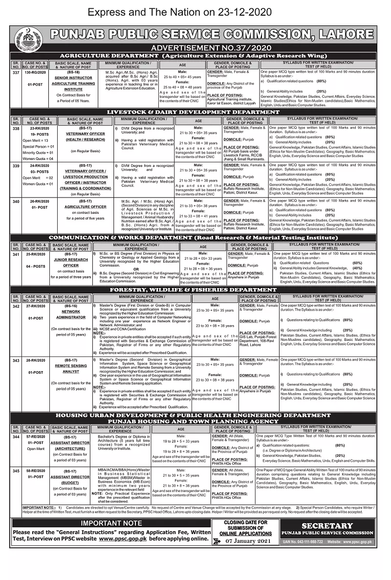 Jobs In Punjab Public Service Commission PPSC Lahore – Punjab Public Service Commission Lahore Jobs 2020 — original advertisement