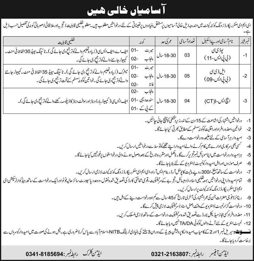 Jobs EME  Center Record Wing Quetta Cant – Pakistan Army Jobs 2020 — original advertisement