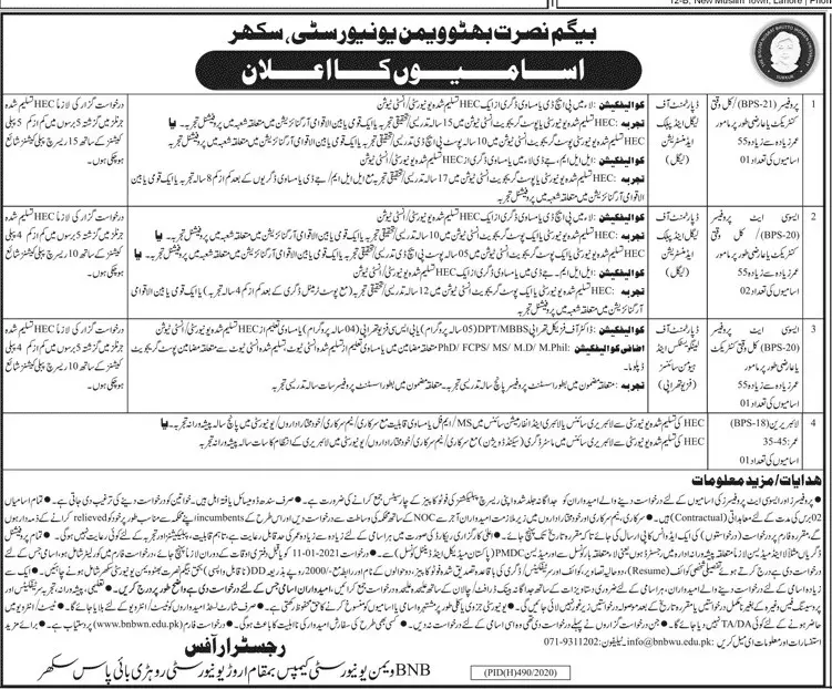 Jobs Begum Nusrat Bhutto Women University Sukkur Jobs 2020 — original advertisement
