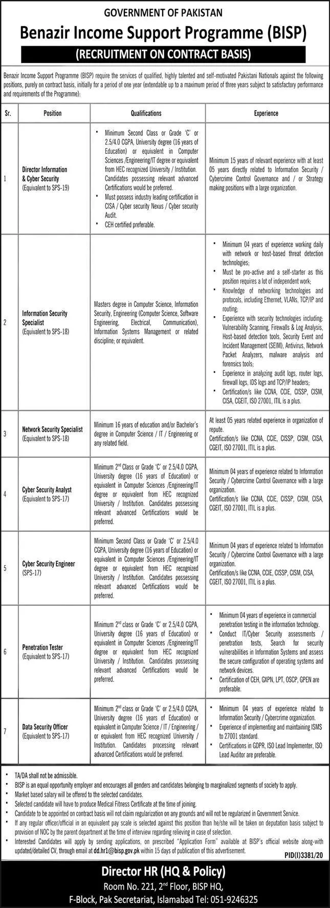 Jobs Benazir Income Support Program BISP – Benazir Income Support Programme Jobs 2020 — original advertisement