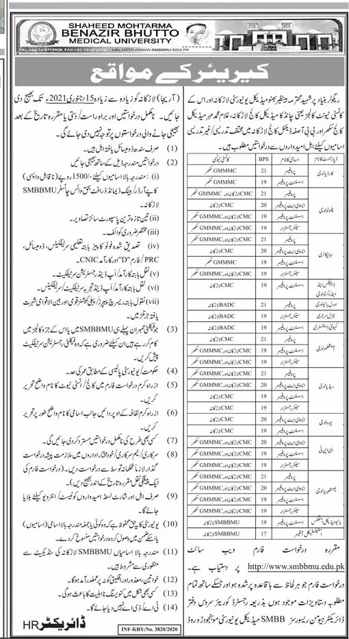 Jobs in Shaheed Mohtarma Benazir Bhutto Medical University – Shaheed Mohtarma Benazir Bhutto Medical University Larkana Jobs 2020 — original advertisement