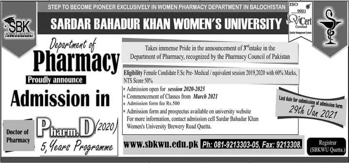 Admissions In Sardar Bahadur Khan Women University Quetta – Sardar Bahadur Khan Women's University Quetta Admissions 2021 — original advertisement