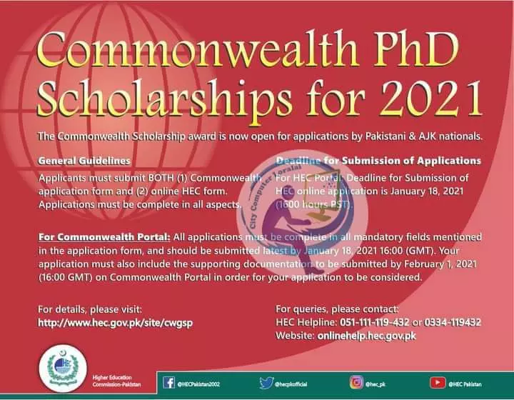 Commonwealth PHD Scholarships for 2021 HEC – Higher Education Commission Islamabad Scholarships 2021 — original advertisement