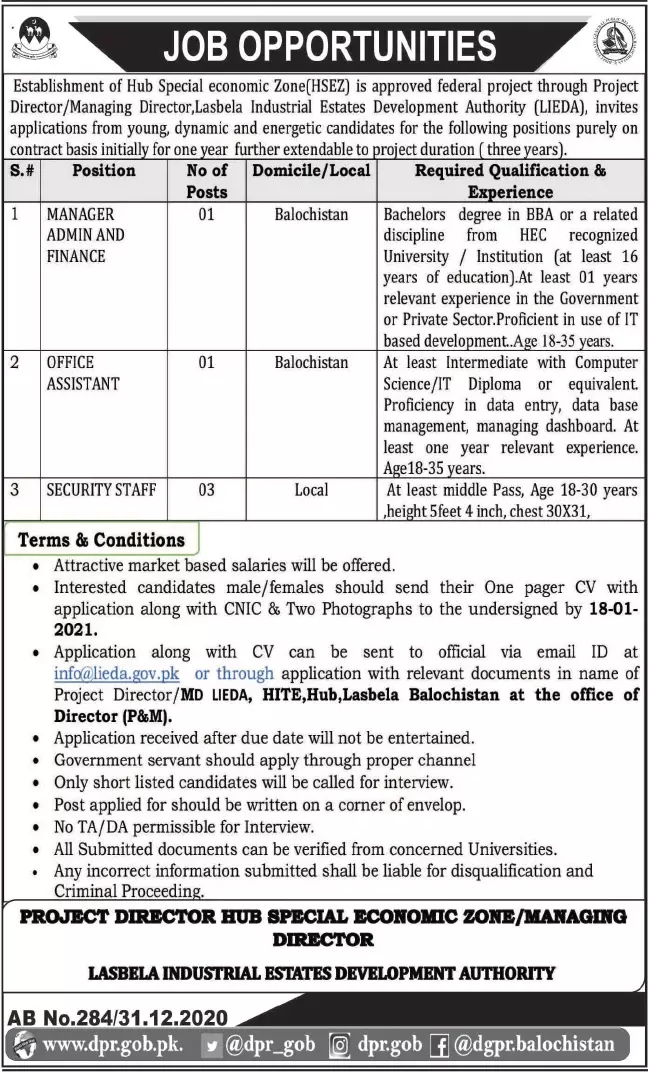 Jobs Lasbela Industrial State Development Authority LIEDA – Industries and Commerce Department Balochistan Jobs 2021 — original advertisement
