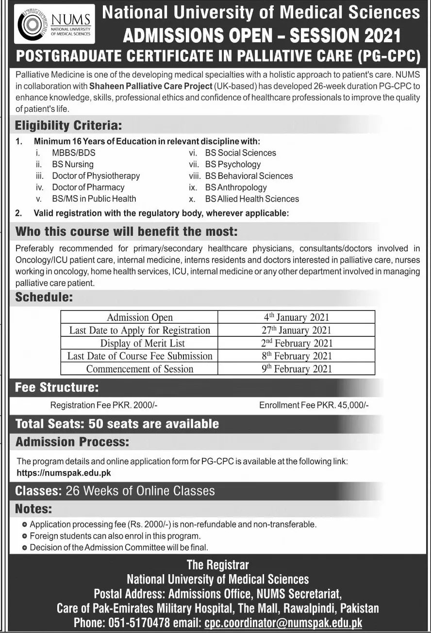 Admissions Post Graduate Certificate In Palliative Care – National University of Medical Science NUMS Admissions 2021 — original advertisement