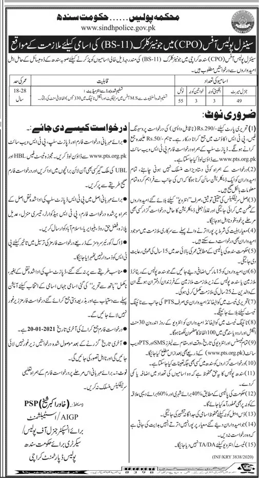 Jobs in Sindh Police – Police Department Sindh Jobs 2021 — original advertisement