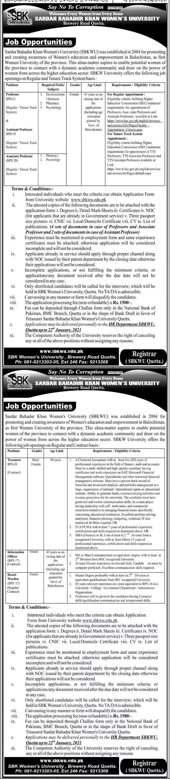 Jobs Sardar Bahadur Khan Women University Quetta Balochistan – Sardar Bahadur Khan Women's University Quetta Jobs 2021 — original advertisement