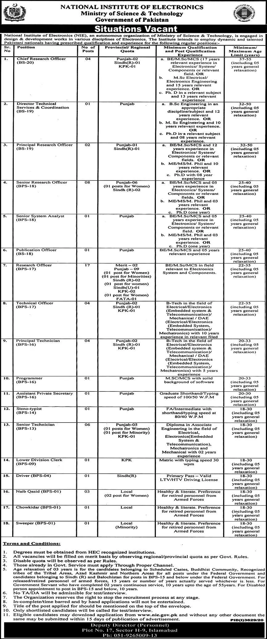 Jobs National Institute Of Electronics Ministry Of Science – Ministry of Science & Technology Islamabad Jobs 2021 — original advertisement