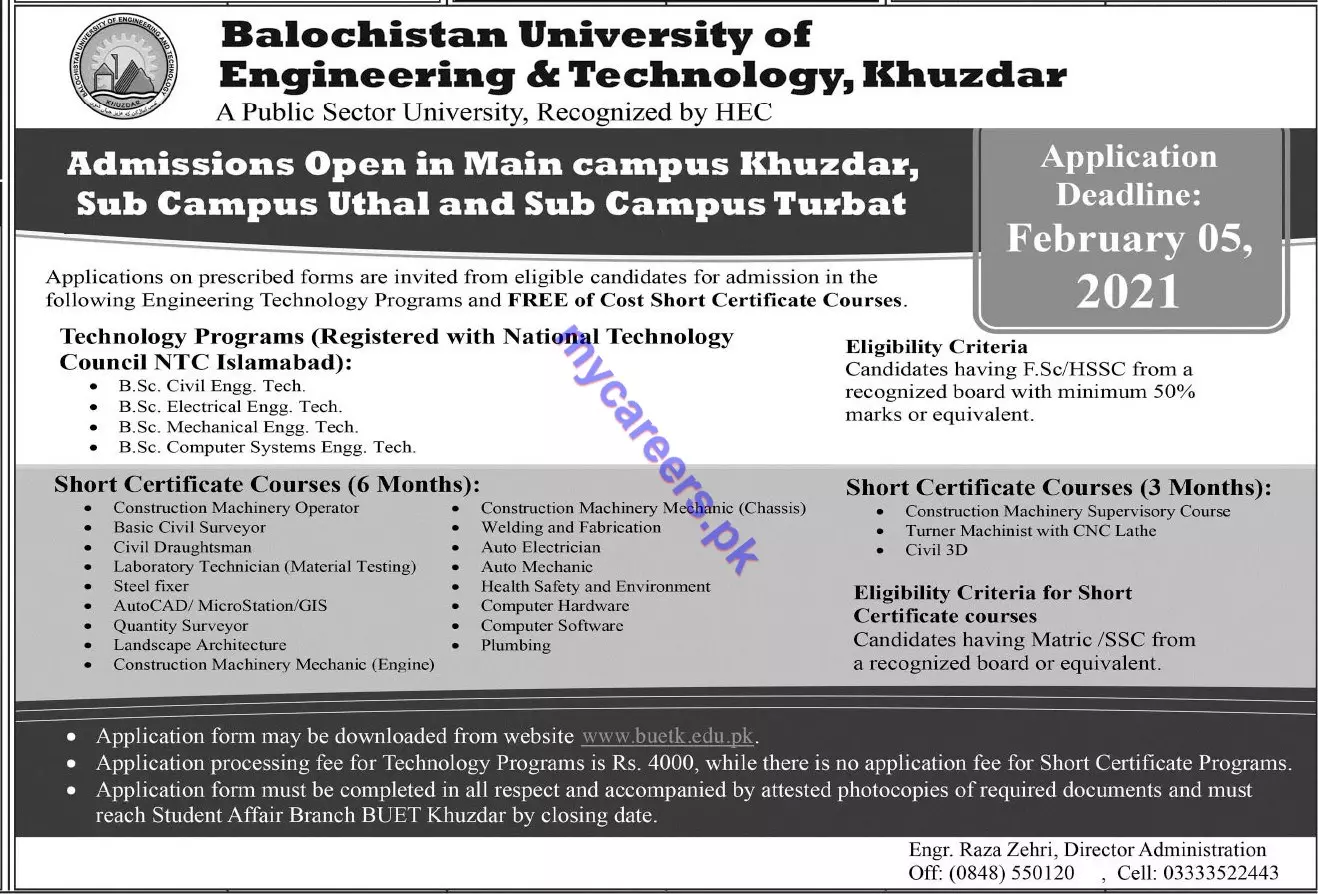 Admission Balochistan University of Engineering & Technology – Balochistan University of Engineering and Technology BUETK Khuzdar Admissions 2021 — original advertisement