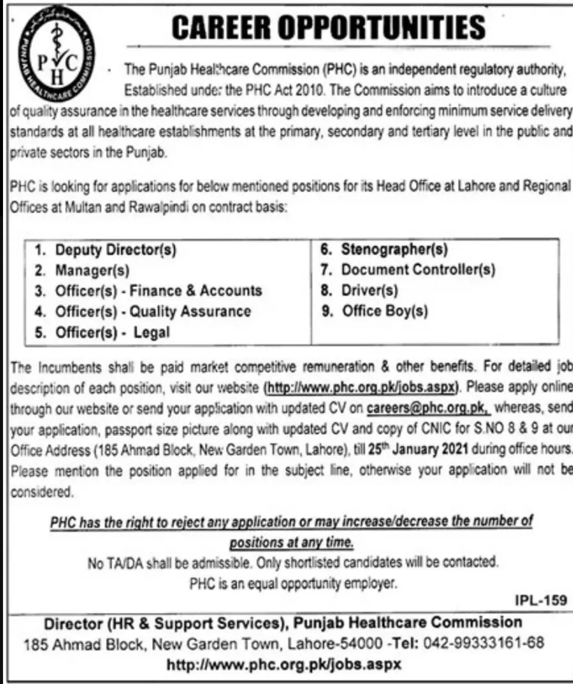 Jobs Punjab Healthcare Commission PHC – Health Department Punjab Jobs 2021 — original advertisement