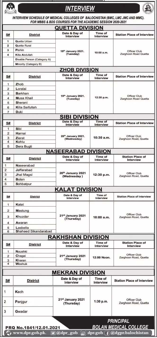 Interview Schedule Admissions Bolan Medical College BMC – Bolan University Of Medical And Health Sciences, Quetta Admissions 2021 — original advertisement