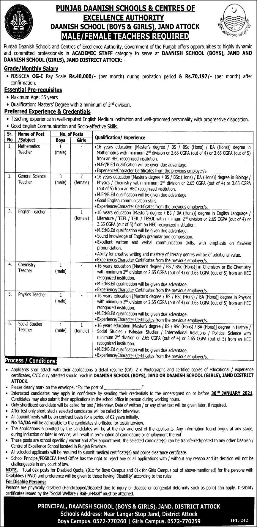 Jobs Punjab Daanish School Jobs 2021 — original advertisement