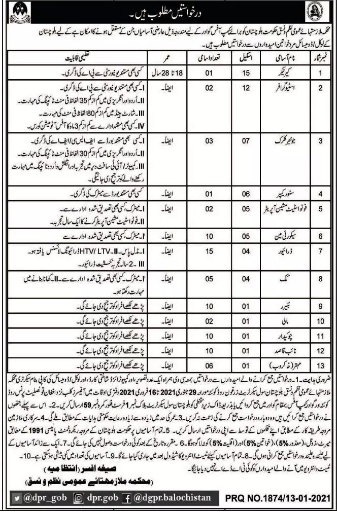Jobs General Administration (S&GAD) Department Balochistan – Services General Administration (S&GAD) Department Balochistan Jobs 2021 — original advertisement