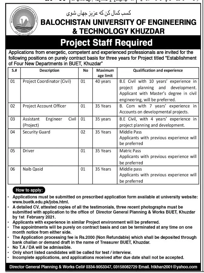 Jobs Balochistan University of Engineering & Technology – Balochistan University of Engineering and Technology BUETK Khuzdar Jobs 2021 — original advertisement