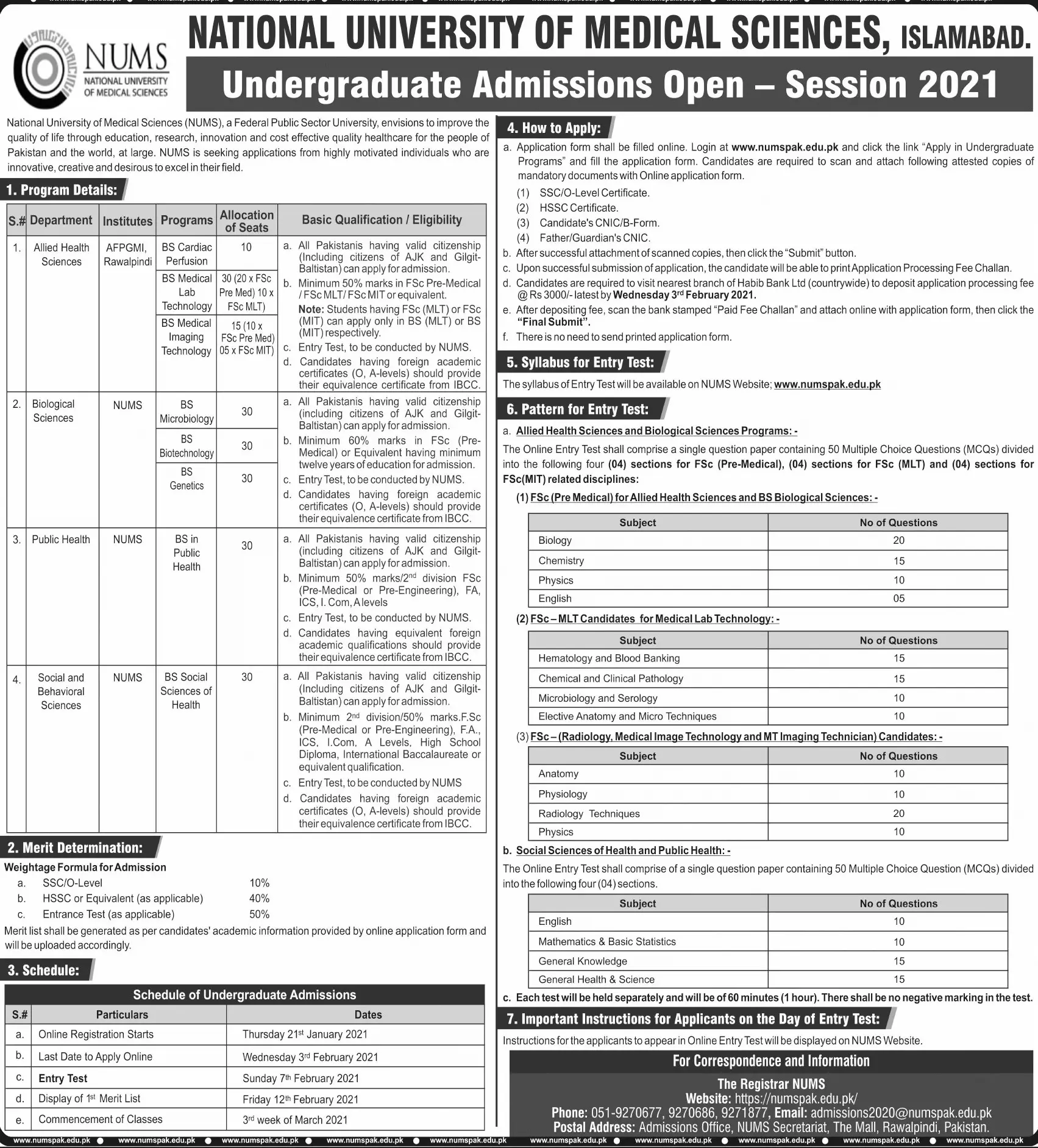 Admissions NUMS Undergraduate Program 2021 – National University of Medical Science NUMS Admissions 2021 — original advertisement
