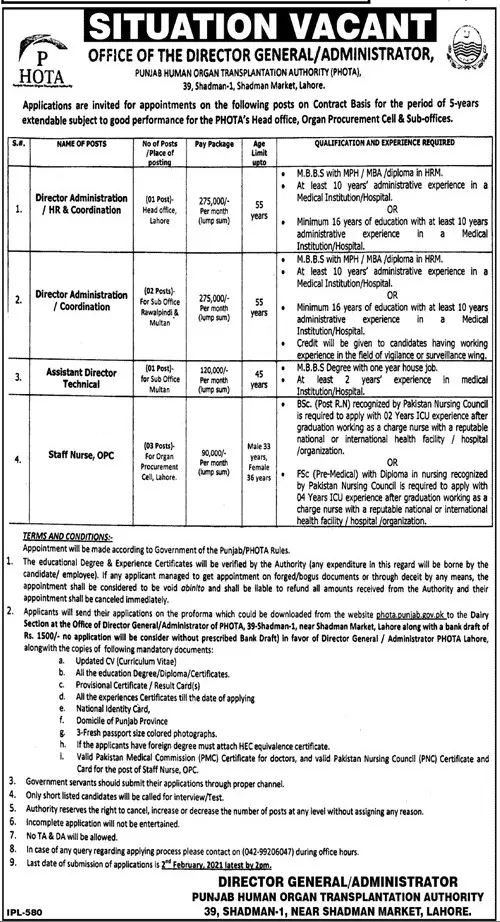 Jobs Punjab Human Organ Transplantation Authority PHOTA Jobs 2021 — original advertisement