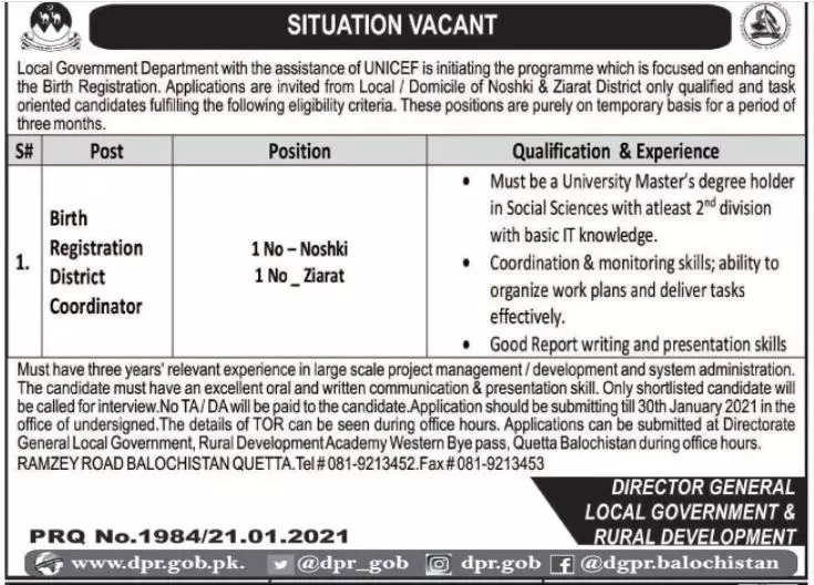 Jobs Local Govt & Rural Development Department Balochistan – Local Government and Rural Development Department Balochistan Jobs 2021 — original advertisement
