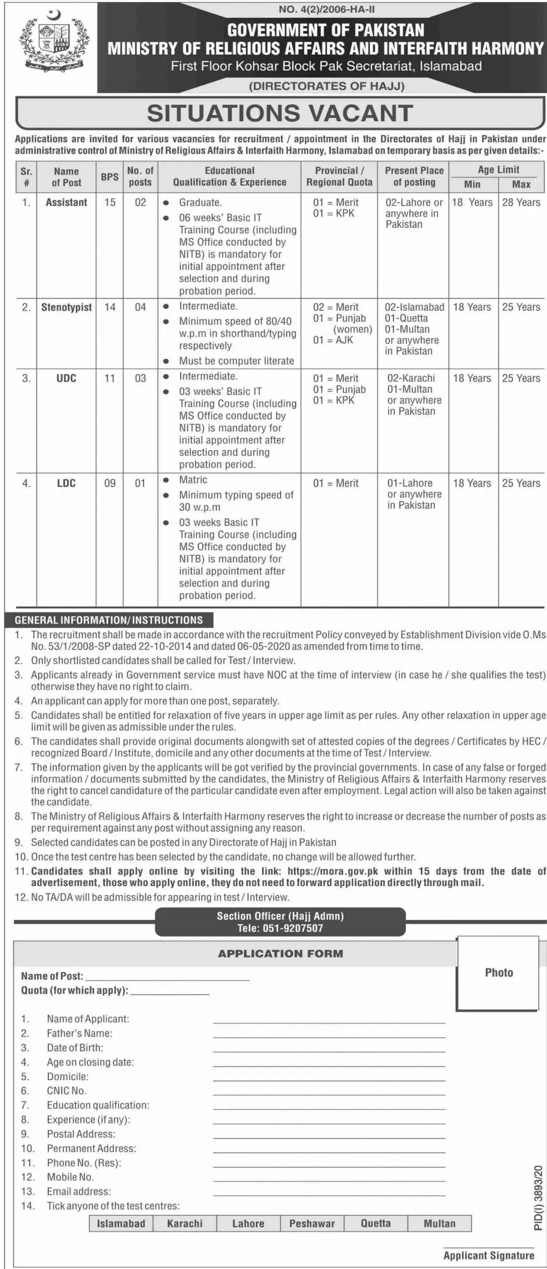jobs in ministry of religious affairs pakistan – Ministry of Religious Affairs and Interfaith Harmony Pakistan Jobs 2021 — original advertisement