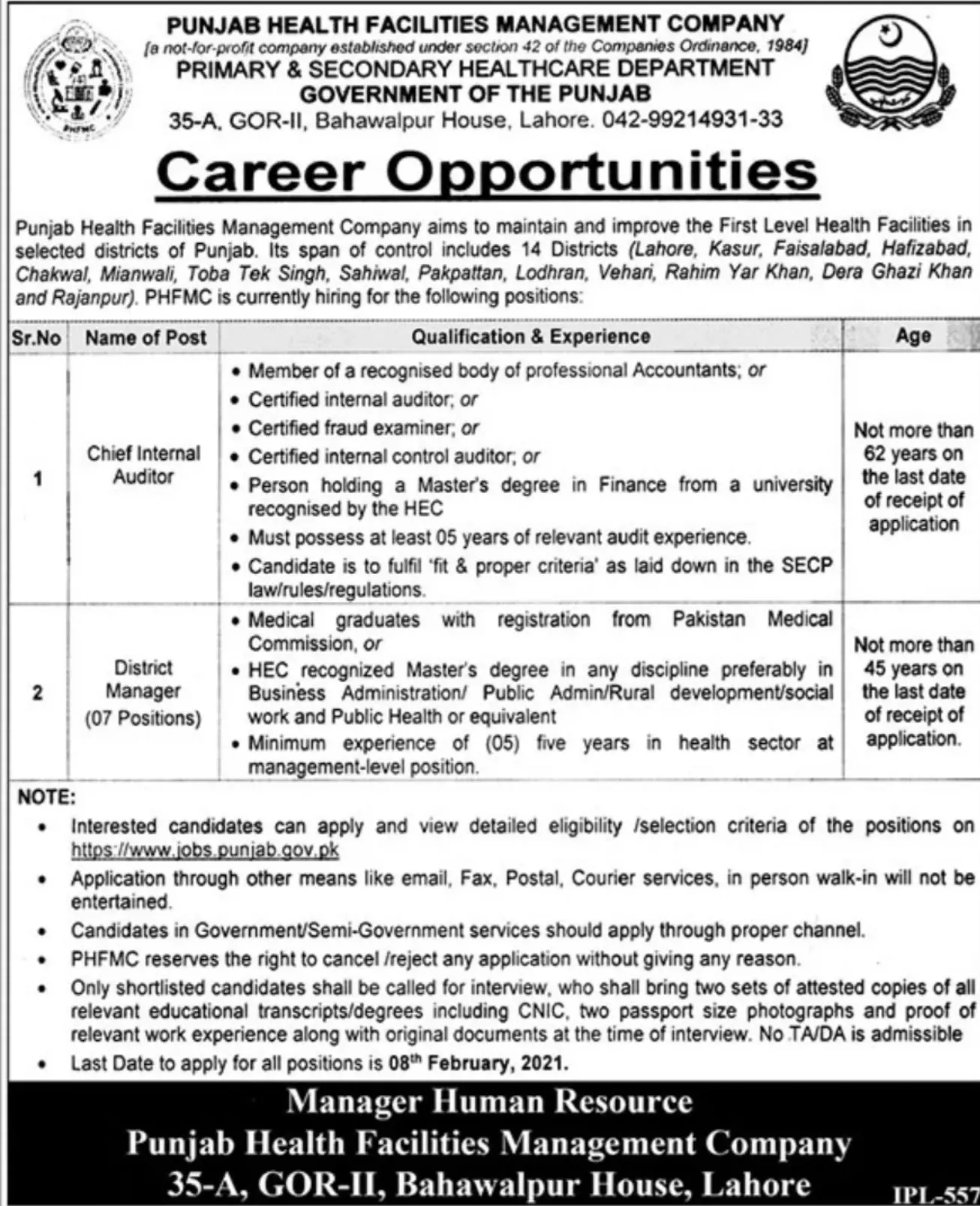 Jobs Punjab Health Facilities Management Company PHFMC Jobs 2021 — original advertisement
