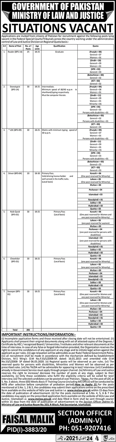 Jobs Ministry of Law & Justice Islamabad – Ministry of Law and Justice Islamabad Jobs 2021 — original advertisement