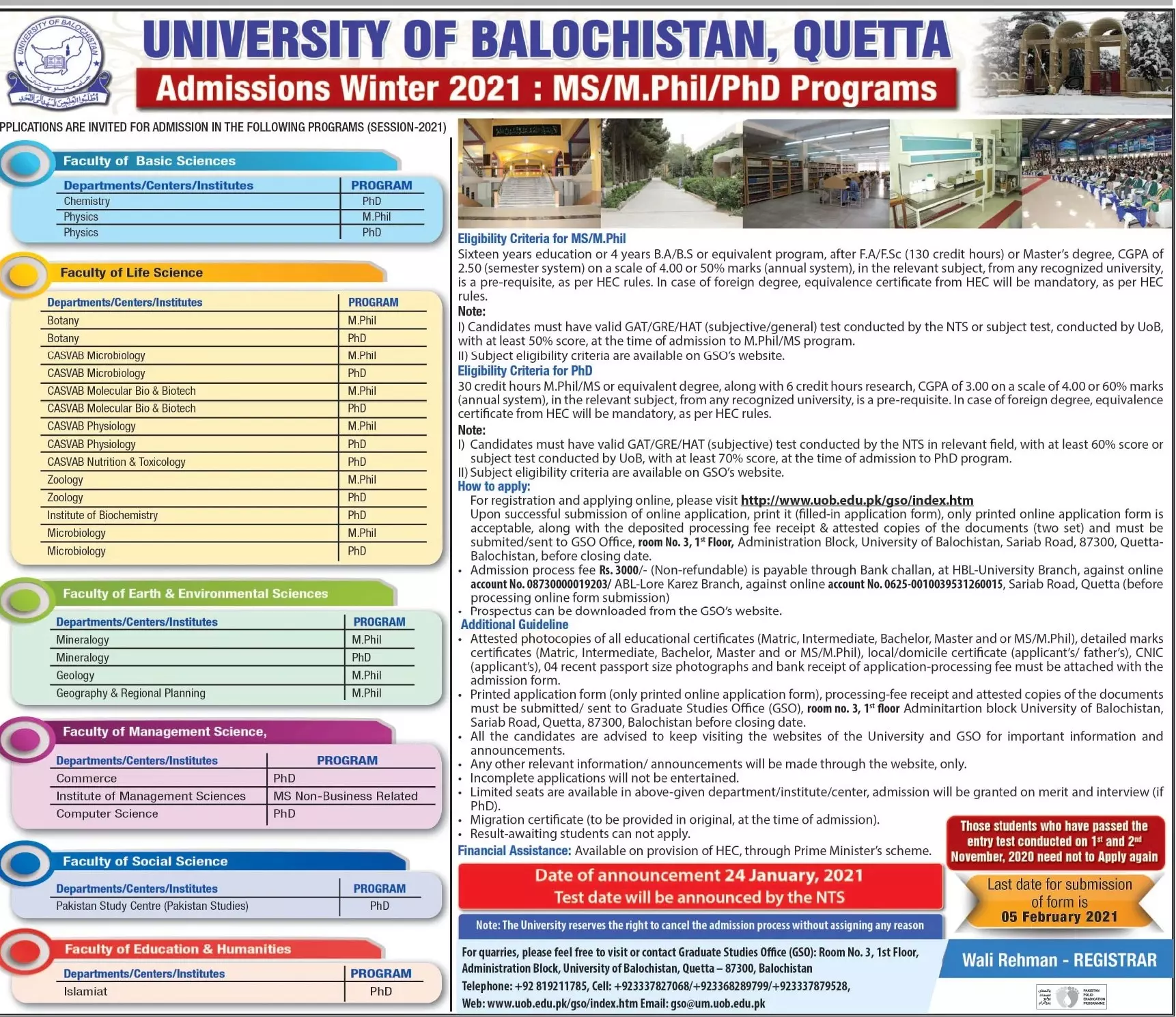 Admissions in MS/Phill/PHD University of Balochistan Admissions 2021 — original advertisement