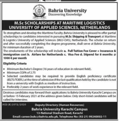 Scholarships at Maritime Logistics University – Bahria University Scholarships 2021 — original advertisement