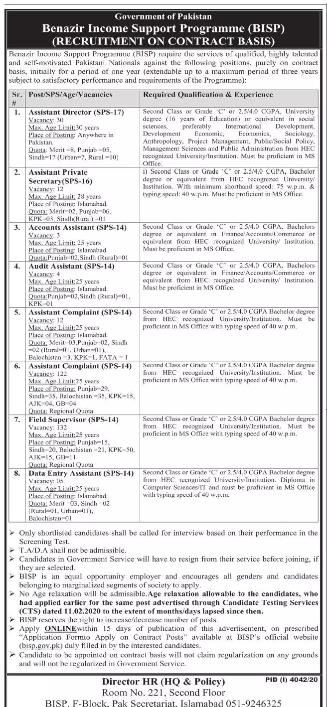 Jobs Benazir Income Support Programme BISP Jobs 2021 — original advertisement