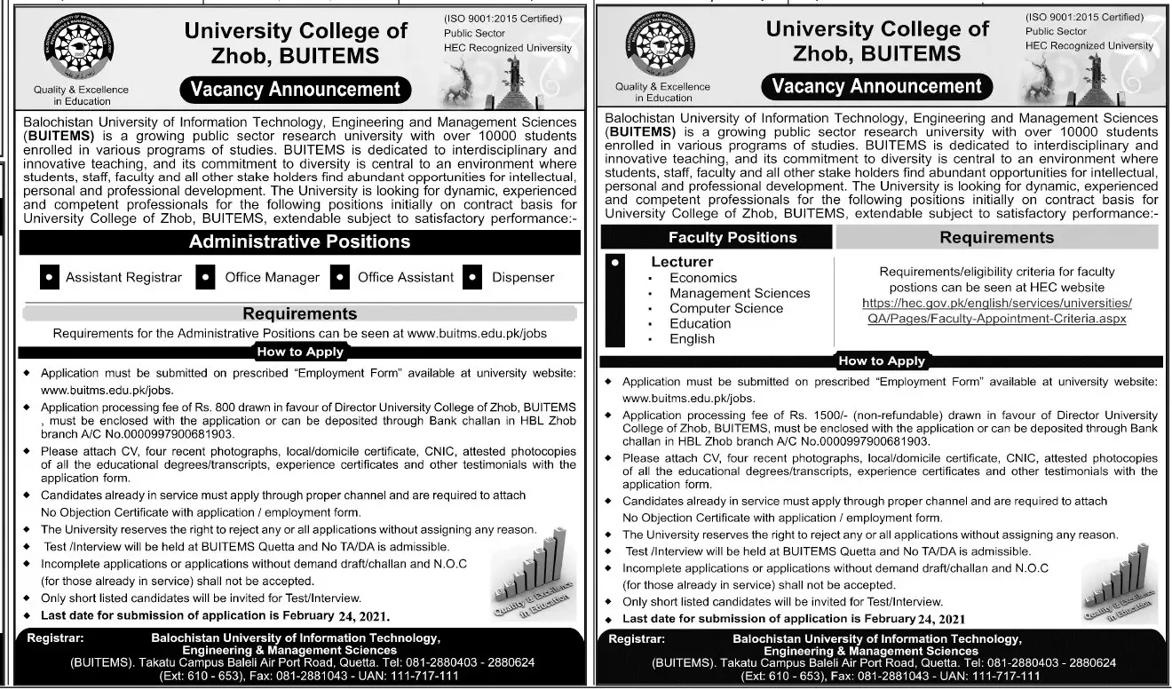 Job Balochistan University of Information Technology Quetta – Balochistan University of Information Technology & Management Science Quetta Jobs 2021 — original advertisement