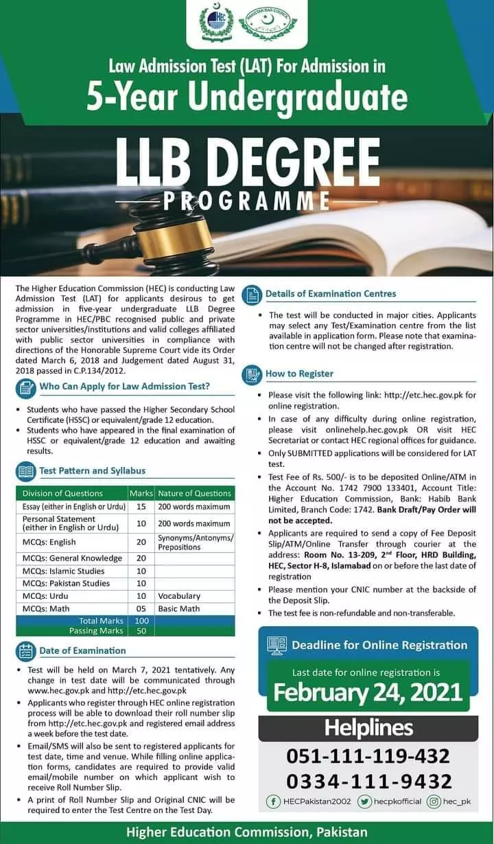 Law Admission Test LAT by HEC – Higher Education Commission Islamabad Admissions 2021 — original advertisement