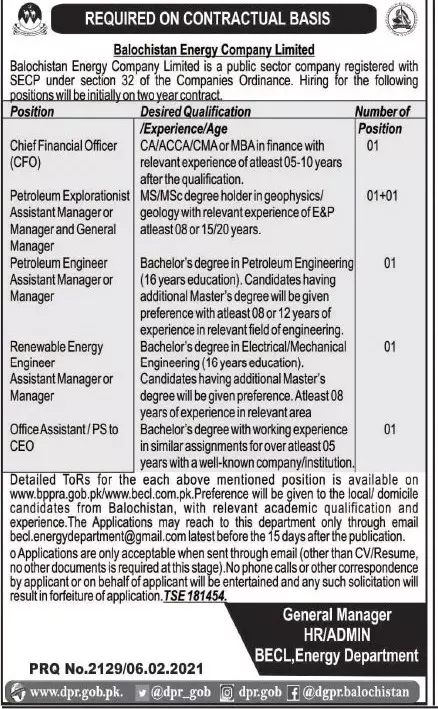 Jobs Balochistan Energy Company Ltd – Balochistan Board of Intermediate & Secondary Education Quetta Balochistan Jobs 2021 — original advertisement
