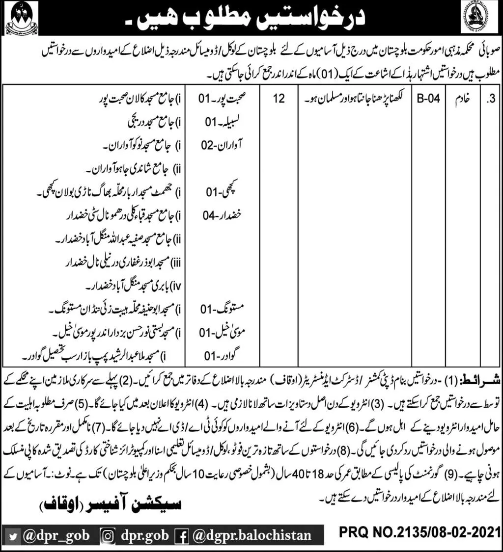 Jobs Religious Affairs Department Balochistan Jobs 2021 — original advertisement