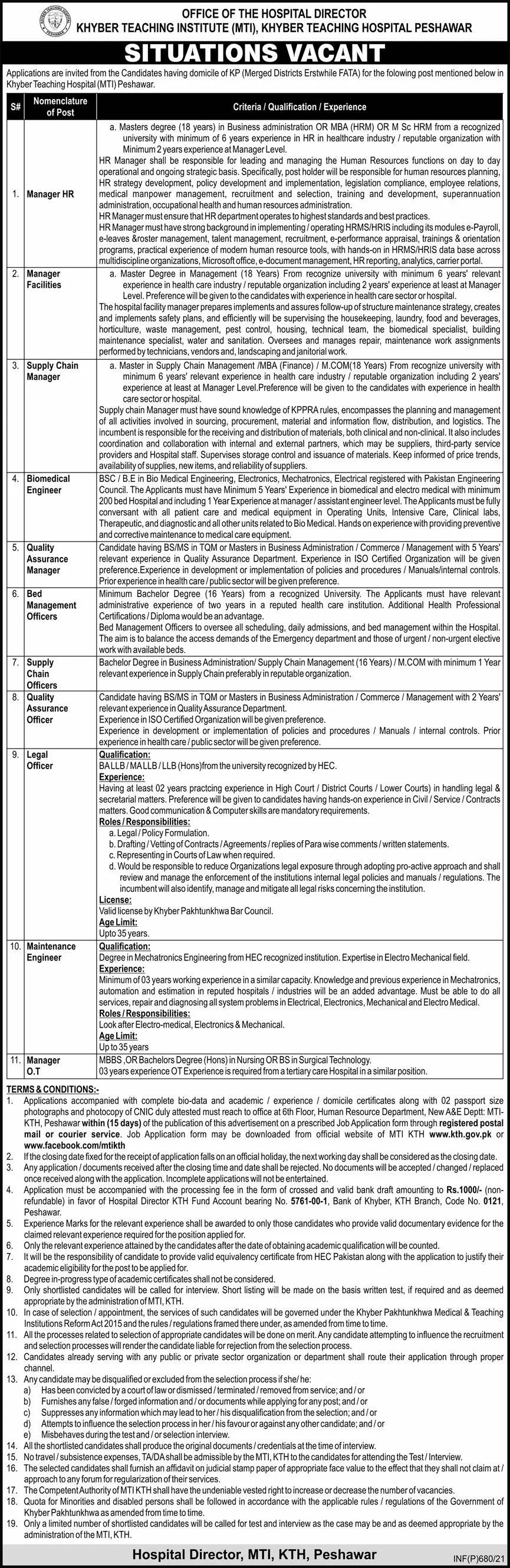 Jobs Khyber Teaching Hospital Peshawar KPK – Khyber Medical College KMC Peshawar Jobs 2021 — original advertisement