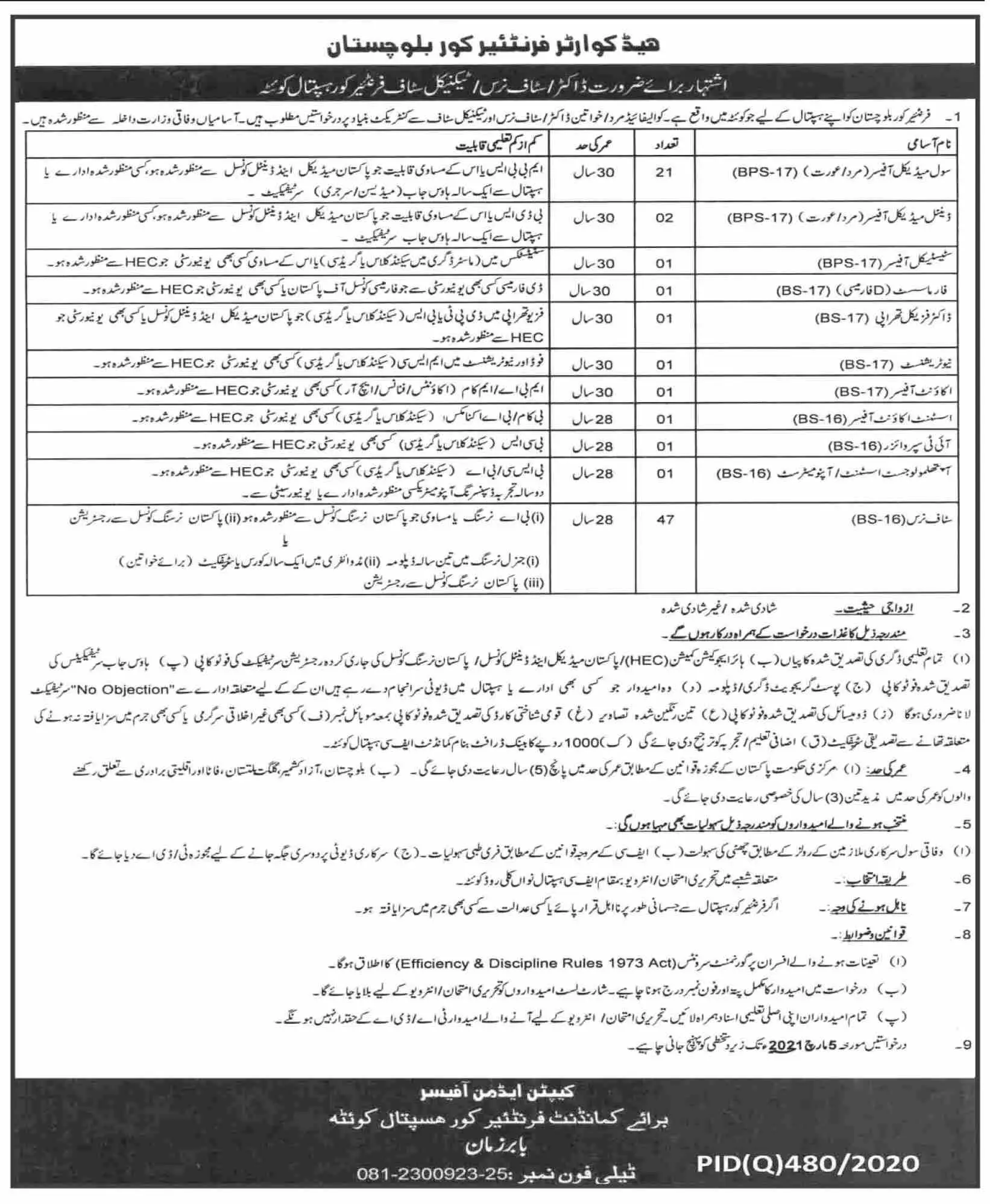 Jobs Frontier Corps FC Hospital Quetta – Frontier Corps (North) Balochistan Jobs 2021 — original advertisement