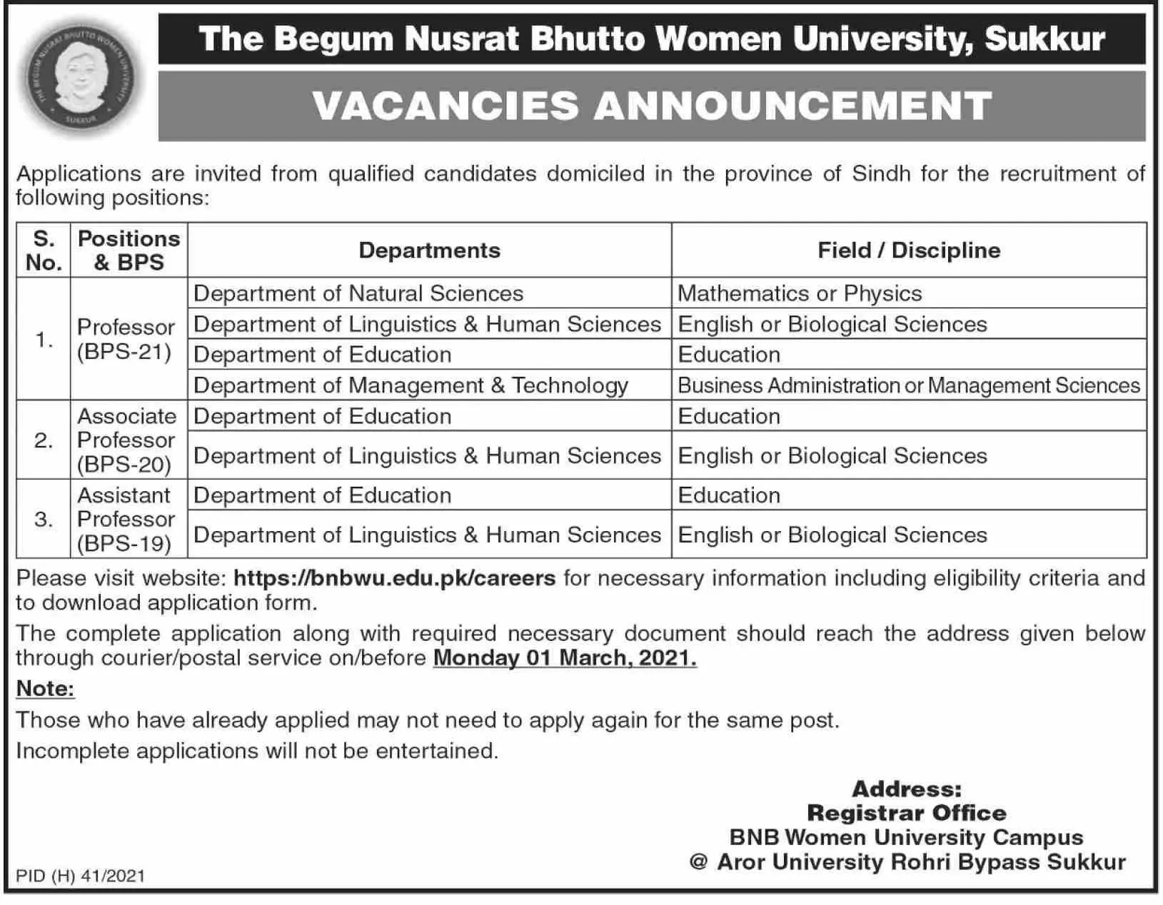 Begum Nusrat Bhutto University Sukkur Jobs 2021 – Begum Nusrat Bhutto Women University Sukkur Jobs 2021 — original advertisement