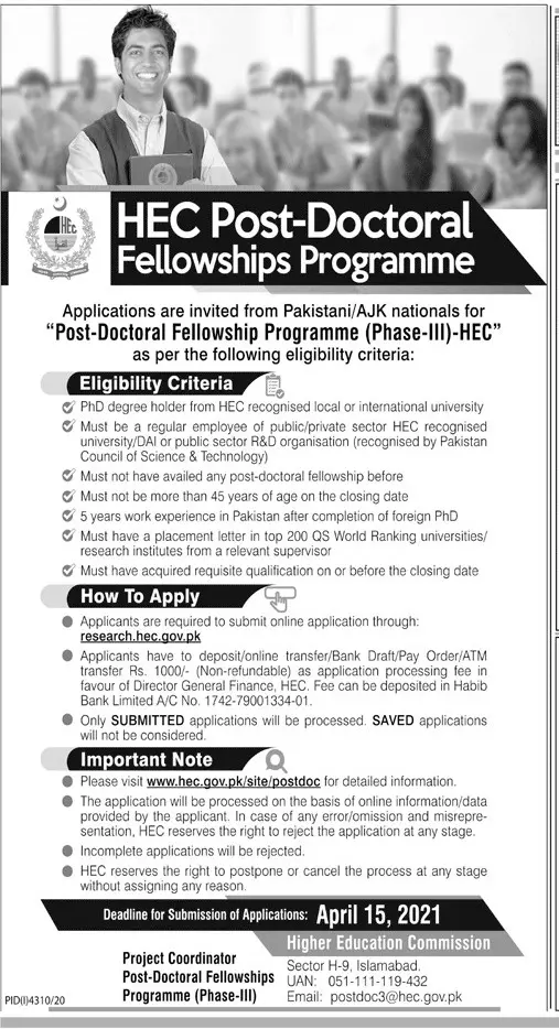 HEC Post Doctoral Fellowship Programme – Higher Education Commission Islamabad Scholarships 2021 — original advertisement
