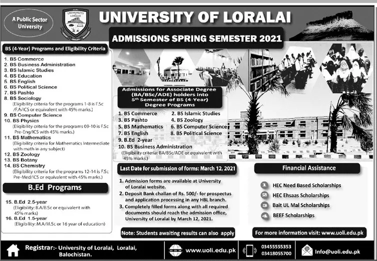 Admissions University of Loralai Admissions 2021 — original advertisement