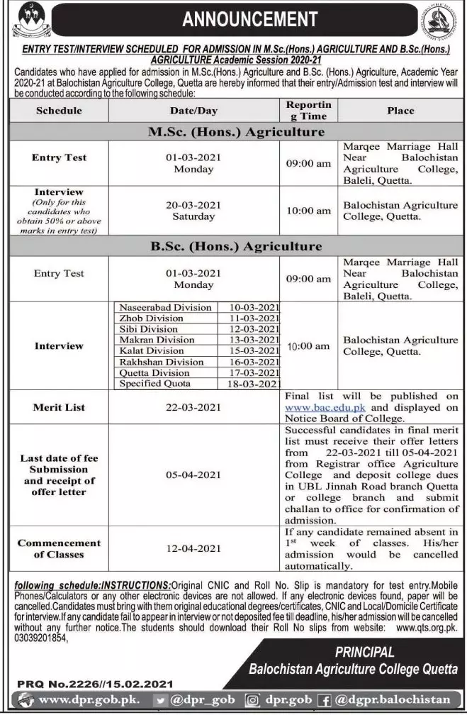 Entry Test Schedule Balochistan Agriculture College Quetta – Balochistan Agriculture College, Quetta Admissions 2021 — original advertisement