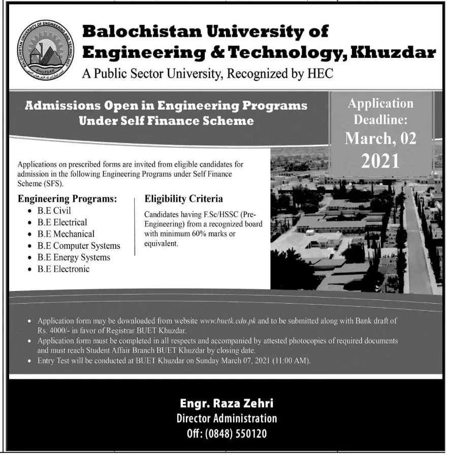 Admissions Balochistan University of Engineering & Technlogy – Balochistan University of Engineering and Technology BUETK Khuzdar Admissions 2021 — original advertisement