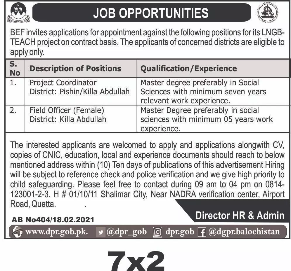 Balochistan Education Foundation BEF Jobs 2021 Jobs 2021 — original advertisement