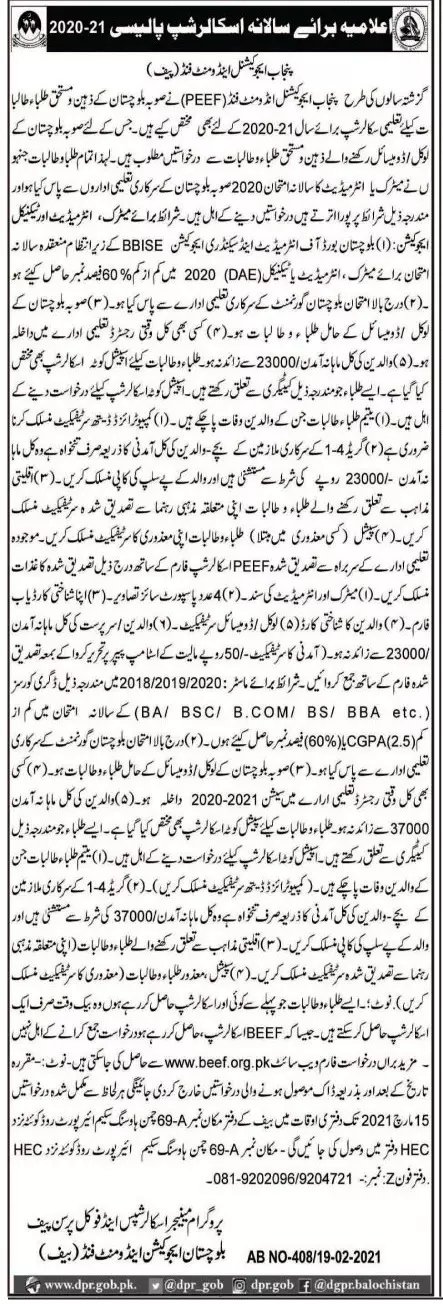 Punjab Education Endowment Fund Peef for Balochsitan – Balochistan Education Endowment Fund (BEEF) Jobs 2021 — original advertisement